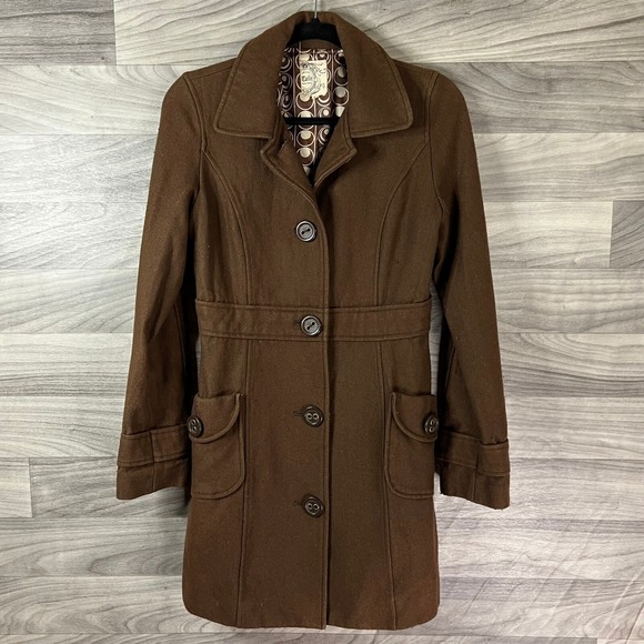 Tulle Jackets & Blazers - Tulle Overcoat Womens M Brown‎ Wool Blend Collar Button Pockets Lined Collar